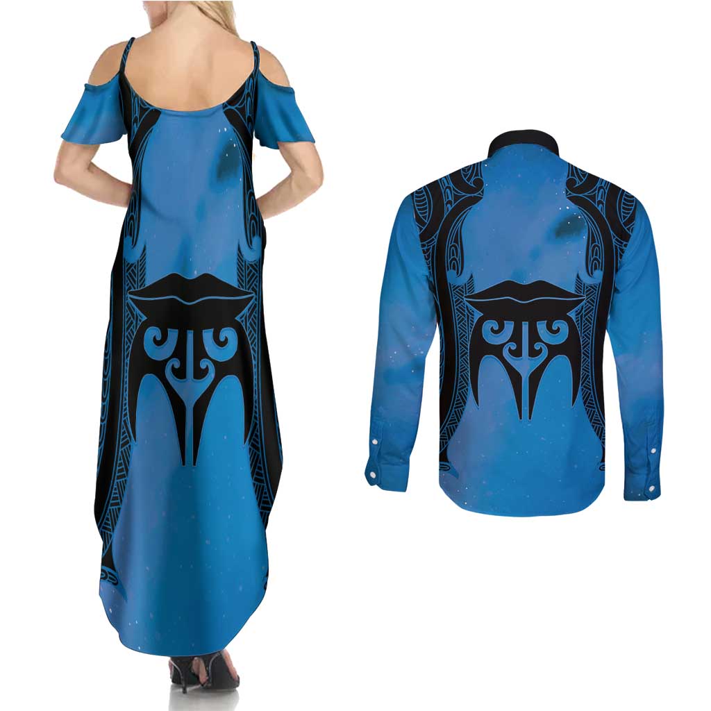 Personalised Moko Kauae New Zealand Couples Matching Summer Maxi Dress and Long Sleeve Button Shirt Maori Chin Tattoo Blue LT14 - Polynesian Pride