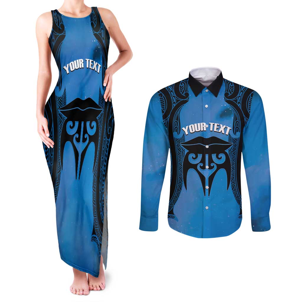 Personalised Moko Kauae New Zealand Couples Matching Tank Maxi Dress and Long Sleeve Button Shirt Maori Chin Tattoo Blue LT14 Blue - Polynesian Pride
