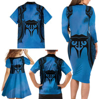 Personalised Moko Kauae New Zealand Family Matching Long Sleeve Bodycon Dress and Hawaiian Shirt Maori Chin Tattoo Blue LT14 - Polynesian Pride