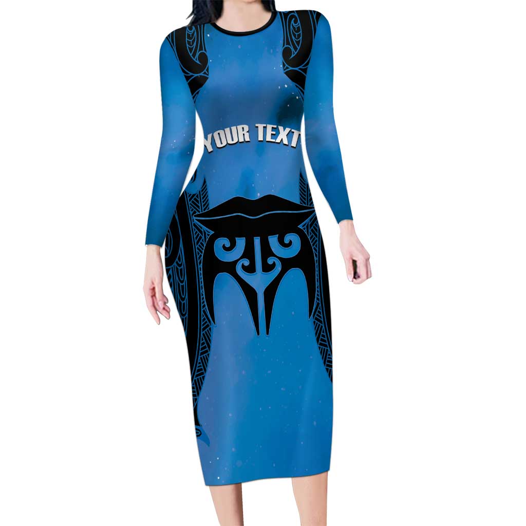 Personalised Moko Kauae New Zealand Family Matching Long Sleeve Bodycon Dress and Hawaiian Shirt Maori Chin Tattoo Blue LT14 Mom's Dress Blue - Polynesian Pride