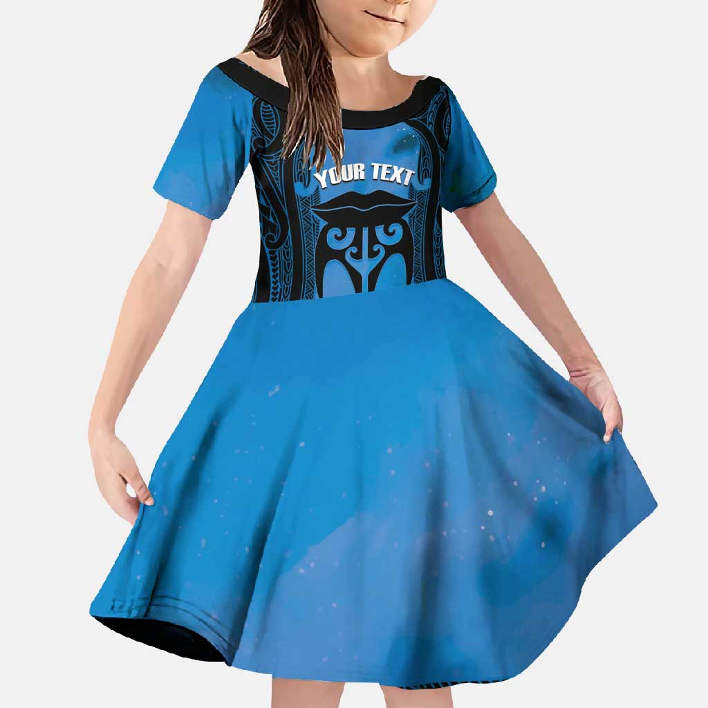 Personalised Moko Kauae New Zealand Family Matching Mermaid Dress and Hawaiian Shirt Maori Chin Tattoo Blue LT14 Daughter's Dress Blue - Polynesian Pride
