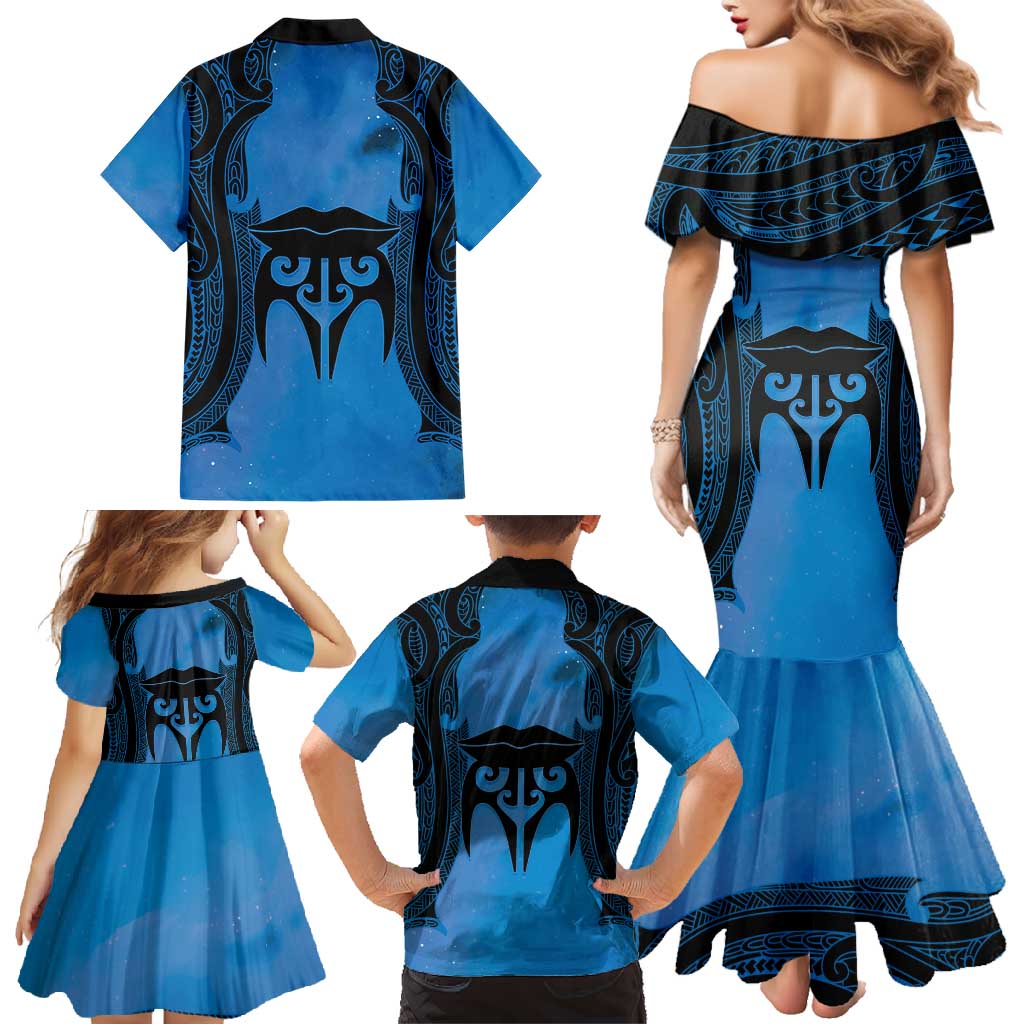 Personalised Moko Kauae New Zealand Family Matching Mermaid Dress and Hawaiian Shirt Maori Chin Tattoo Blue LT14 - Polynesian Pride