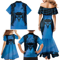 Personalised Moko Kauae New Zealand Family Matching Mermaid Dress and Hawaiian Shirt Maori Chin Tattoo Blue LT14 - Polynesian Pride