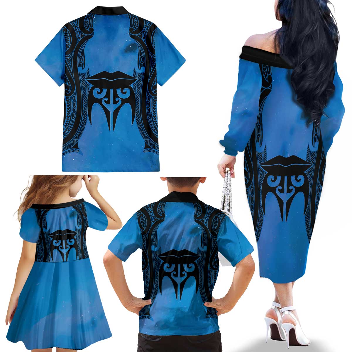 Personalised Moko Kauae New Zealand Family Matching Off The Shoulder Long Sleeve Dress and Hawaiian Shirt Maori Chin Tattoo Blue LT14 - Polynesian Pride
