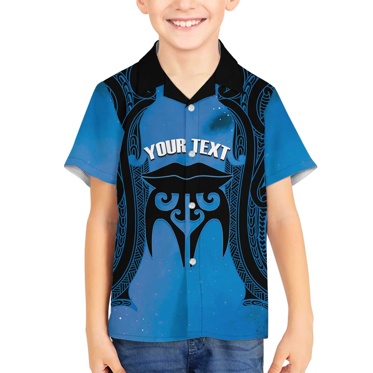 Personalised Moko Kauae New Zealand Family Matching Off The Shoulder Long Sleeve Dress and Hawaiian Shirt Maori Chin Tattoo Blue LT14 Son's Shirt Blue - Polynesian Pride