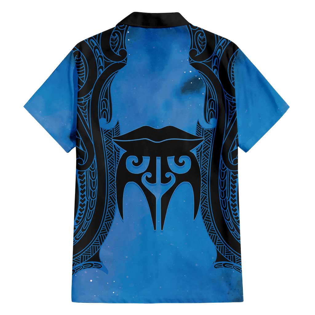 Personalised Moko Kauae New Zealand Family Matching Off Shoulder Maxi Dress and Hawaiian Shirt Maori Chin Tattoo Blue LT14 - Polynesian Pride