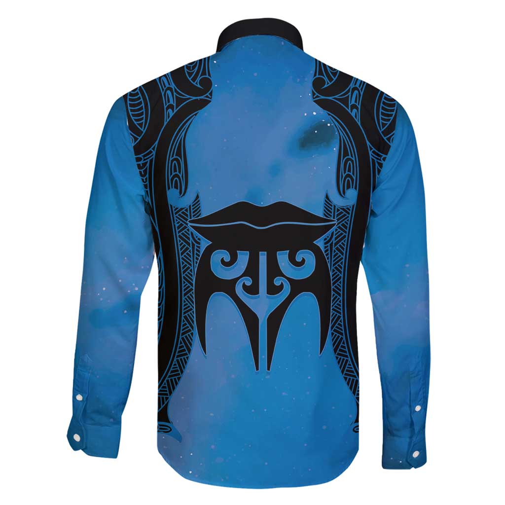 Personalised Moko Kauae New Zealand Family Matching Off Shoulder Maxi Dress and Hawaiian Shirt Maori Chin Tattoo Blue LT14 - Polynesian Pride