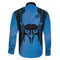 Personalised Moko Kauae New Zealand Family Matching Off Shoulder Maxi Dress and Hawaiian Shirt Maori Chin Tattoo Blue LT14 - Polynesian Pride
