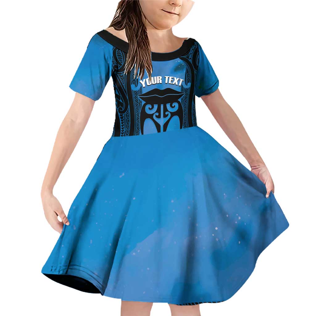 Personalised Moko Kauae New Zealand Family Matching Off Shoulder Short Dress and Hawaiian Shirt Maori Chin Tattoo Blue LT14 Daughter's Dress Blue - Polynesian Pride