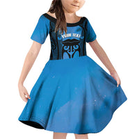 Personalised Moko Kauae New Zealand Family Matching Off Shoulder Short Dress and Hawaiian Shirt Maori Chin Tattoo Blue LT14 Daughter's Dress Blue - Polynesian Pride