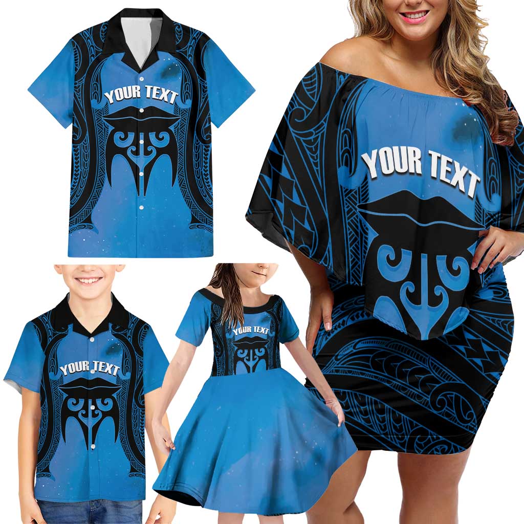 Personalised Moko Kauae New Zealand Family Matching Off Shoulder Short Dress and Hawaiian Shirt Maori Chin Tattoo Blue LT14 - Polynesian Pride