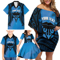 Personalised Moko Kauae New Zealand Family Matching Off Shoulder Short Dress and Hawaiian Shirt Maori Chin Tattoo Blue LT14 - Polynesian Pride
