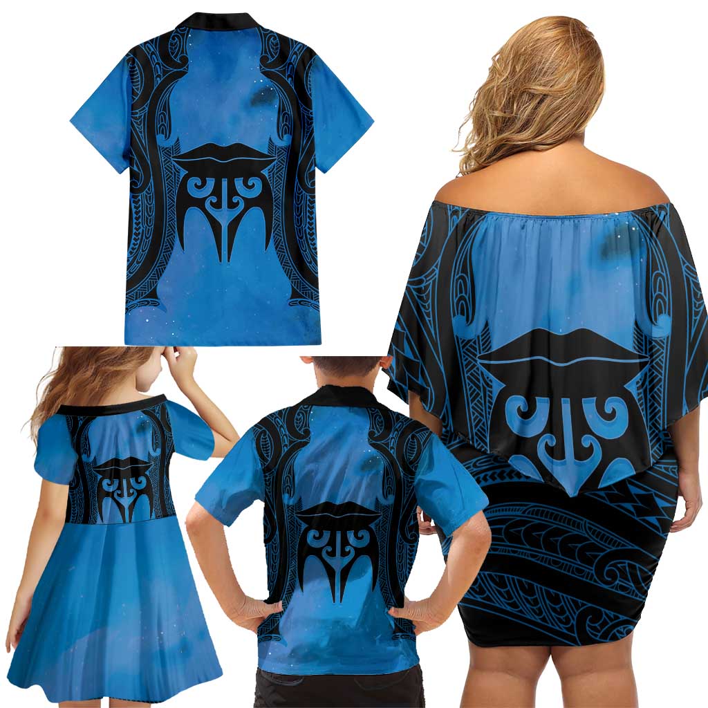 Personalised Moko Kauae New Zealand Family Matching Off Shoulder Short Dress and Hawaiian Shirt Maori Chin Tattoo Blue LT14 - Polynesian Pride