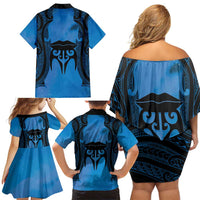 Personalised Moko Kauae New Zealand Family Matching Off Shoulder Short Dress and Hawaiian Shirt Maori Chin Tattoo Blue LT14 - Polynesian Pride