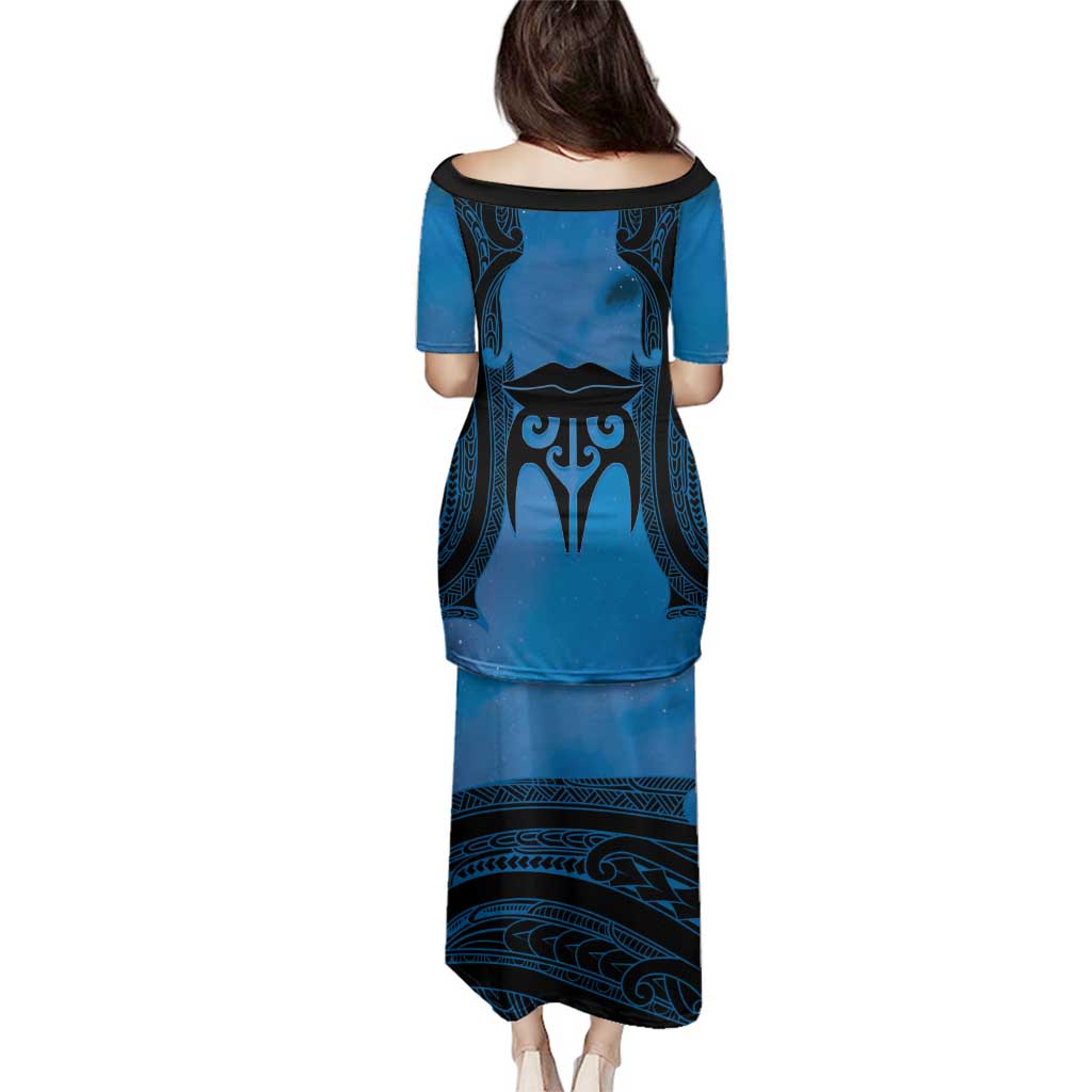 Personalised Moko Kauae New Zealand Family Matching Puletasi and Hawaiian Shirt Maori Chin Tattoo Blue LT14 - Polynesian Pride