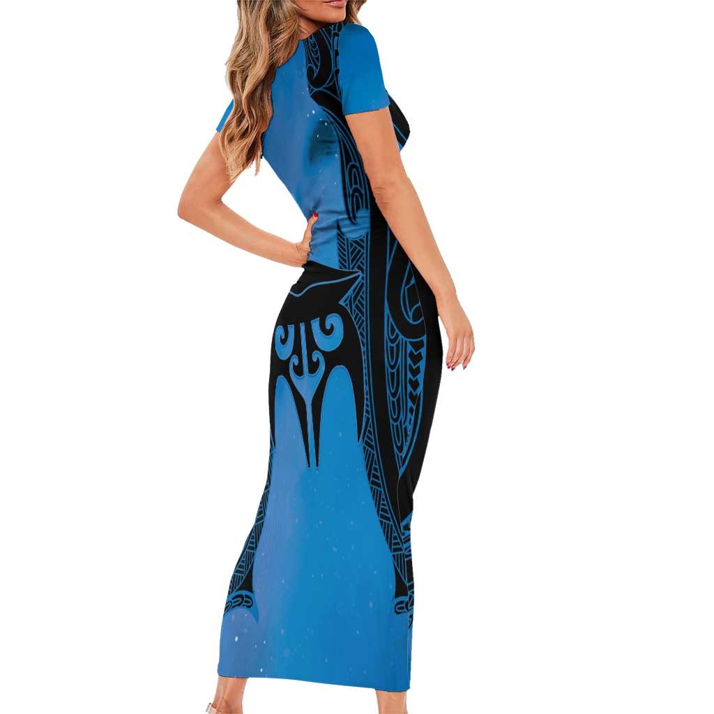 Personalised Moko Kauae New Zealand Family Matching Short Sleeve Bodycon Dress and Hawaiian Shirt Maori Chin Tattoo Blue LT14 - Polynesian Pride