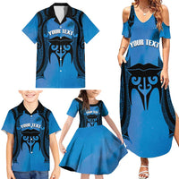 Personalised Moko Kauae New Zealand Family Matching Summer Maxi Dress and Hawaiian Shirt Maori Chin Tattoo Blue LT14 - Polynesian Pride