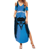 Personalised Moko Kauae New Zealand Family Matching Summer Maxi Dress and Hawaiian Shirt Maori Chin Tattoo Blue LT14 Mom's Dress Blue - Polynesian Pride