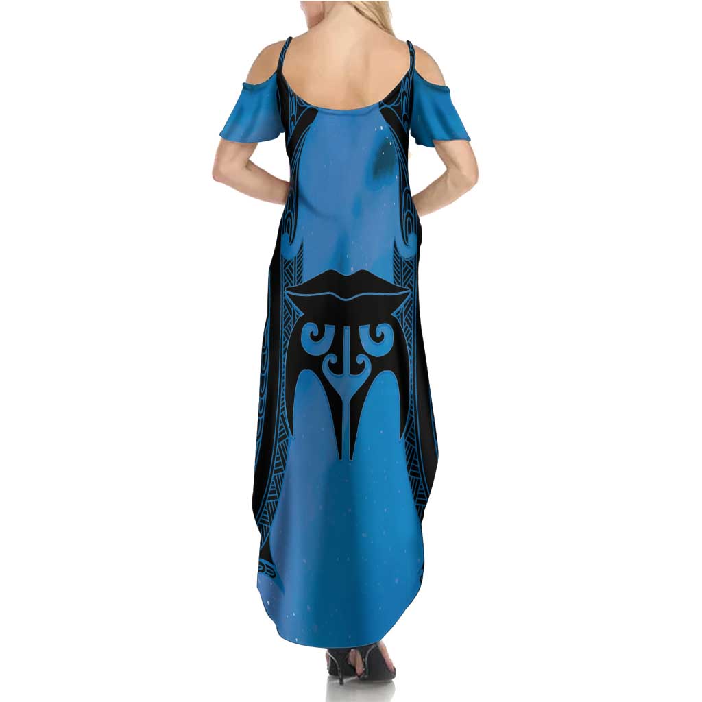 Personalised Moko Kauae New Zealand Family Matching Summer Maxi Dress and Hawaiian Shirt Maori Chin Tattoo Blue LT14 - Polynesian Pride