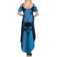 Personalised Moko Kauae New Zealand Family Matching Summer Maxi Dress and Hawaiian Shirt Maori Chin Tattoo Blue LT14 - Polynesian Pride