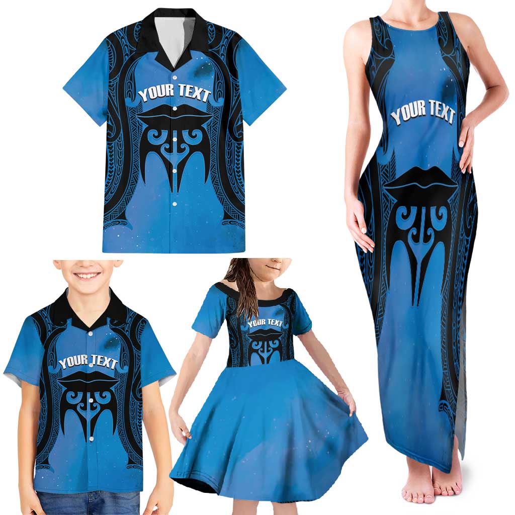 Personalised Moko Kauae New Zealand Family Matching Tank Maxi Dress and Hawaiian Shirt Maori Chin Tattoo Blue LT14 - Polynesian Pride
