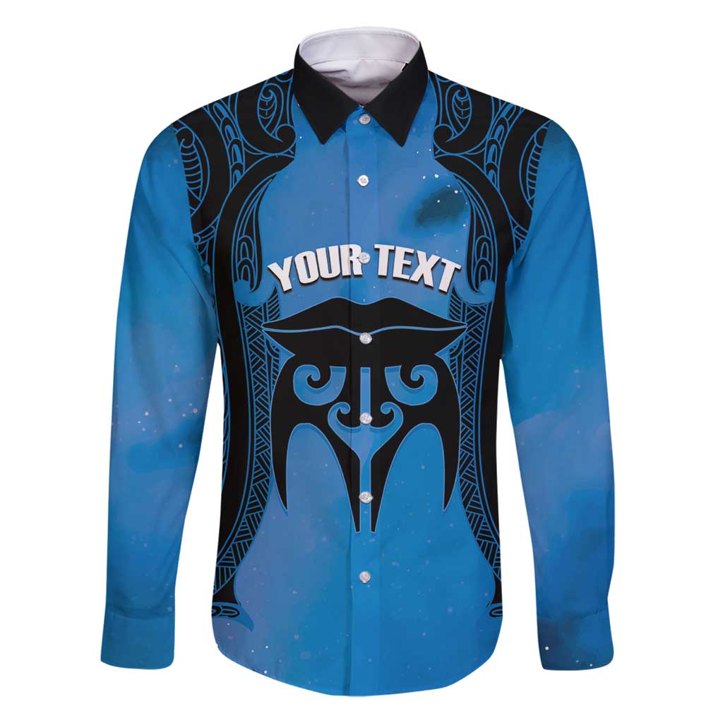 Personalised Moko Kauae New Zealand Family Matching Tank Maxi Dress and Hawaiian Shirt Maori Chin Tattoo Blue LT14 Dad's Shirt - Long Sleeve Blue - Polynesian Pride