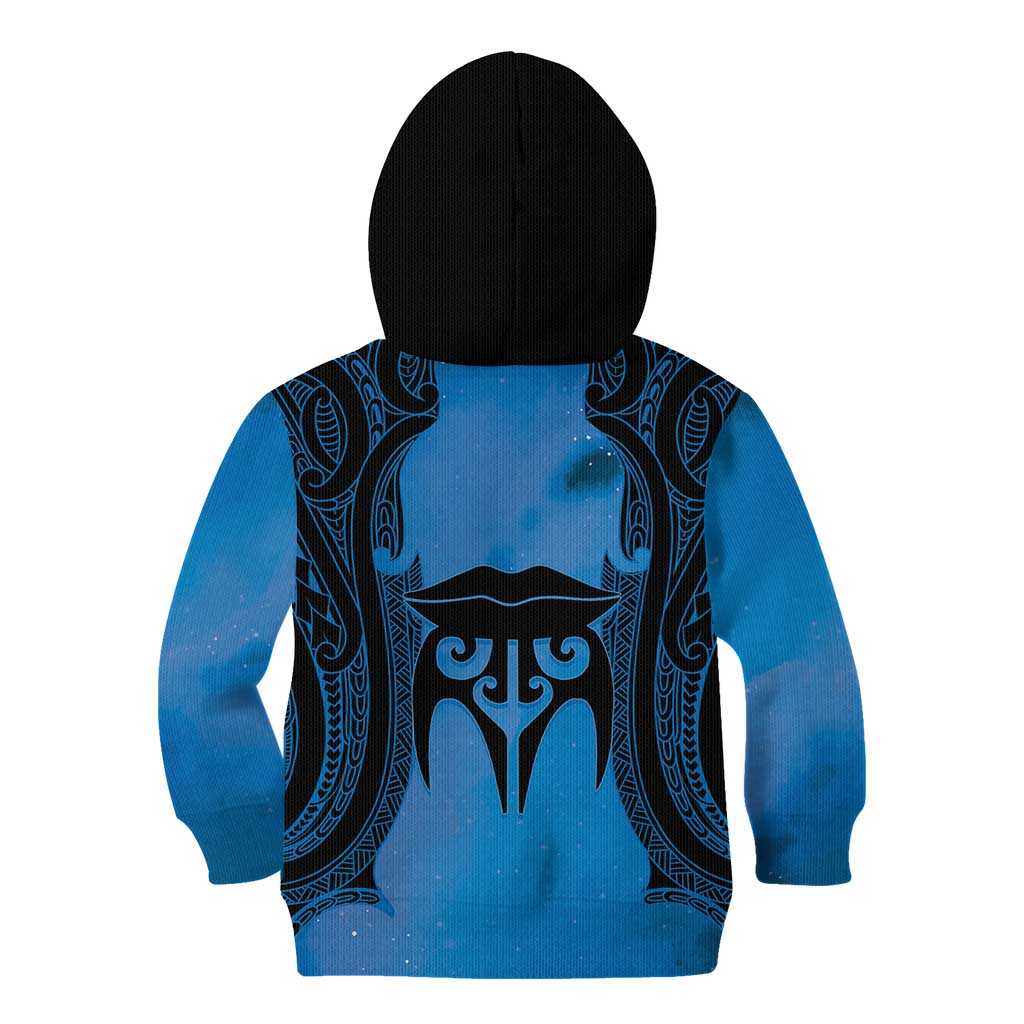 Personalised Moko Kauae New Zealand Kid Hoodie Maori Chin Tattoo Blue LT14 - Polynesian Pride