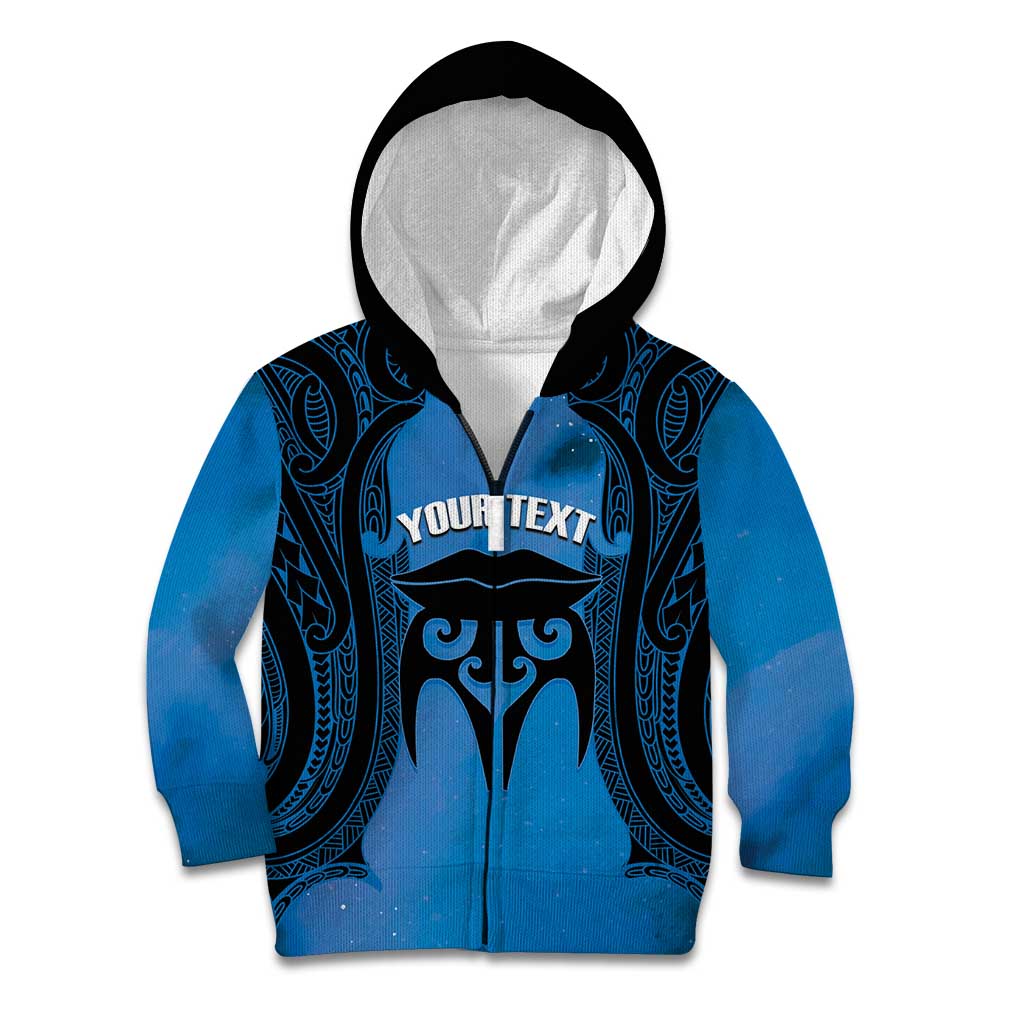 Personalised Moko Kauae New Zealand Kid Hoodie Maori Chin Tattoo Blue LT14 Zip Hoodie Blue - Polynesian Pride