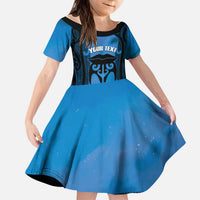 Personalised Moko Kauae New Zealand Kid Short Sleeve Dress Maori Chin Tattoo Blue LT14 KID Blue - Polynesian Pride