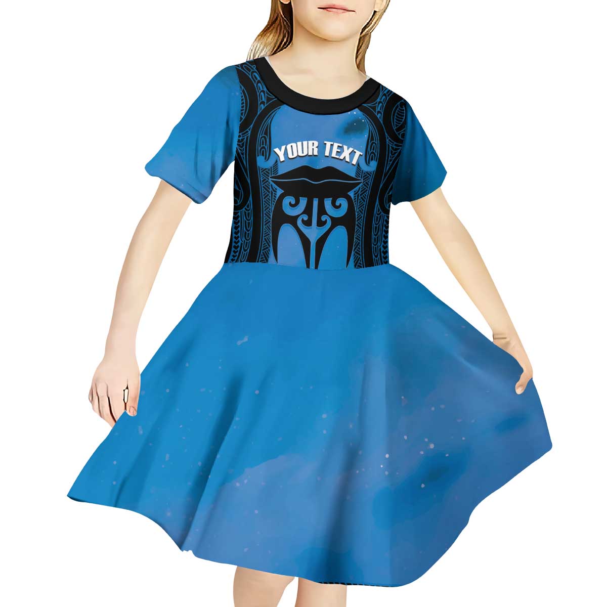 Personalised Moko Kauae New Zealand Kid Short Sleeve Dress Maori Chin Tattoo Blue LT14 - Polynesian Pride