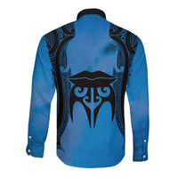 Personalised Moko Kauae New Zealand Long Sleeve Button Shirt Maori Chin Tattoo Blue LT14 - Polynesian Pride