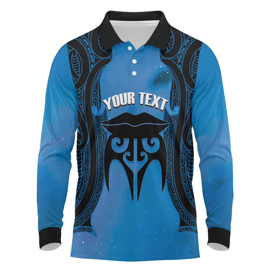 Personalised Moko Kauae New Zealand Long Sleeve Polo Shirt Maori Chin Tattoo Blue LT14 Blue - Polynesian Pride