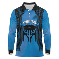 Personalised Moko Kauae New Zealand Long Sleeve Polo Shirt Maori Chin Tattoo Blue LT14 Blue - Polynesian Pride
