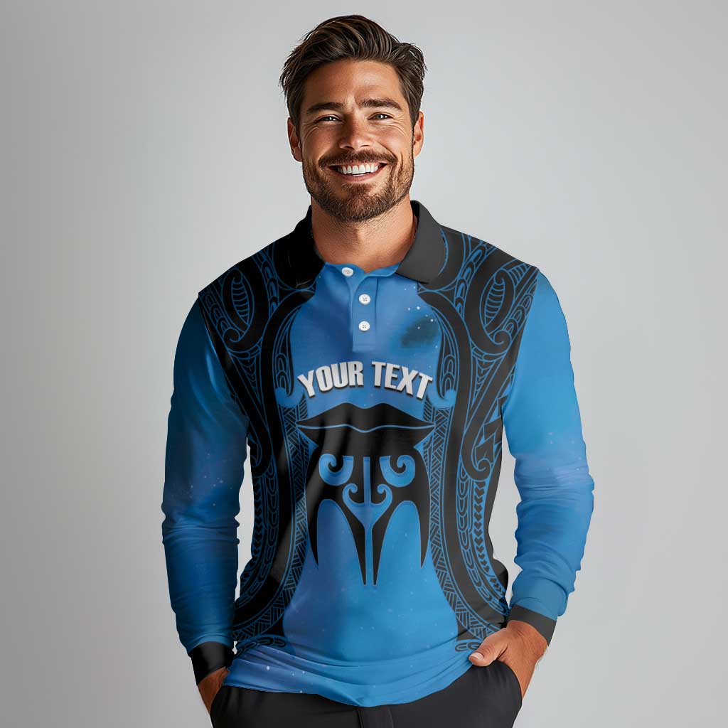 Personalised Moko Kauae New Zealand Long Sleeve Polo Shirt Maori Chin Tattoo Blue LT14 - Polynesian Pride
