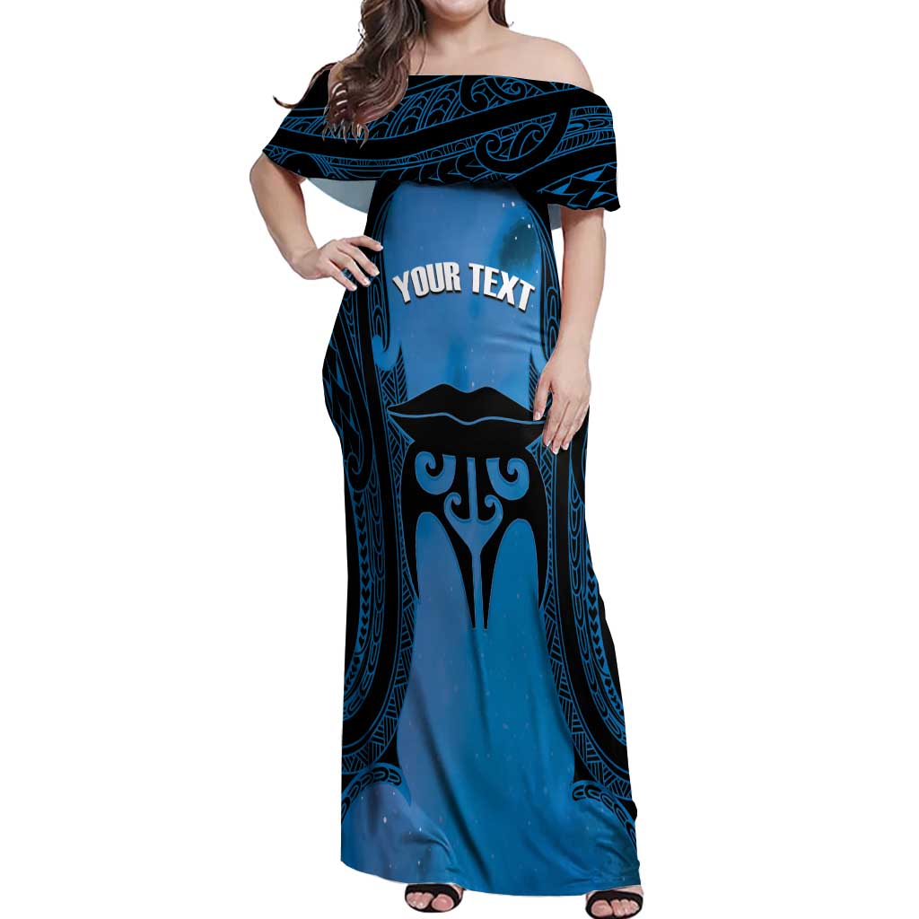Personalised Moko Kauae New Zealand Off Shoulder Maxi Dress Maori Chin Tattoo Blue LT14 Women Blue - Polynesian Pride