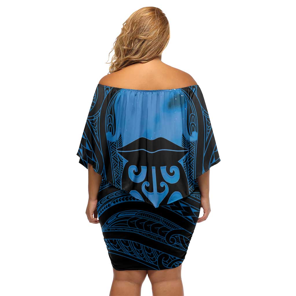 Personalised Moko Kauae New Zealand Off Shoulder Short Dress Maori Chin Tattoo Blue LT14 - Polynesian Pride