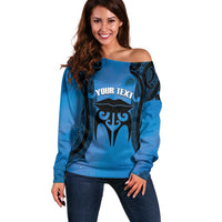 Personalised Moko Kauae New Zealand Off Shoulder Sweater Maori Chin Tattoo Blue LT14 Women Blue - Polynesian Pride