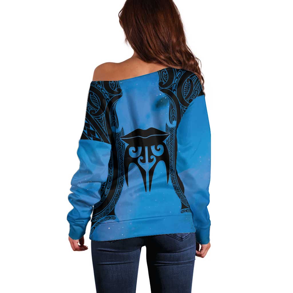 Personalised Moko Kauae New Zealand Off Shoulder Sweater Maori Chin Tattoo Blue LT14 - Polynesian Pride