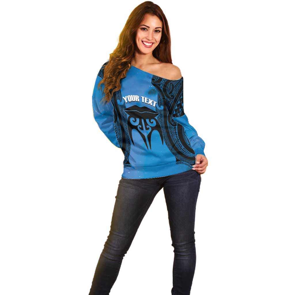Personalised Moko Kauae New Zealand Off Shoulder Sweater Maori Chin Tattoo Blue LT14 - Polynesian Pride