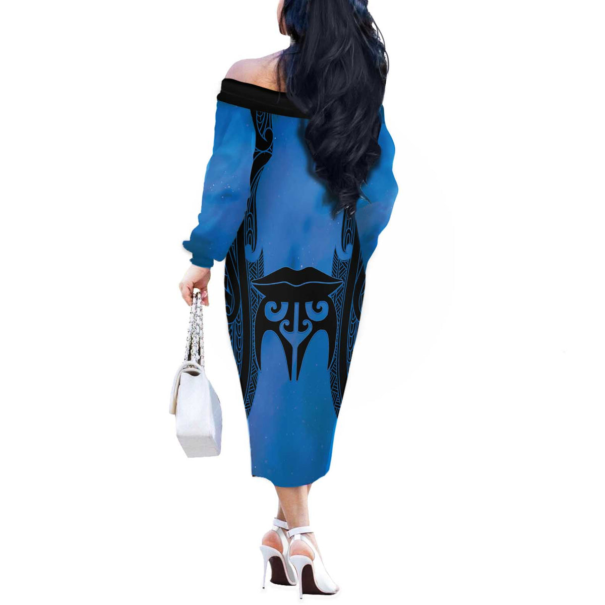 Personalised Moko Kauae New Zealand Off The Shoulder Long Sleeve Dress Maori Chin Tattoo Blue LT14 - Polynesian Pride