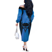 Personalised Moko Kauae New Zealand Off The Shoulder Long Sleeve Dress Maori Chin Tattoo Blue LT14 - Polynesian Pride