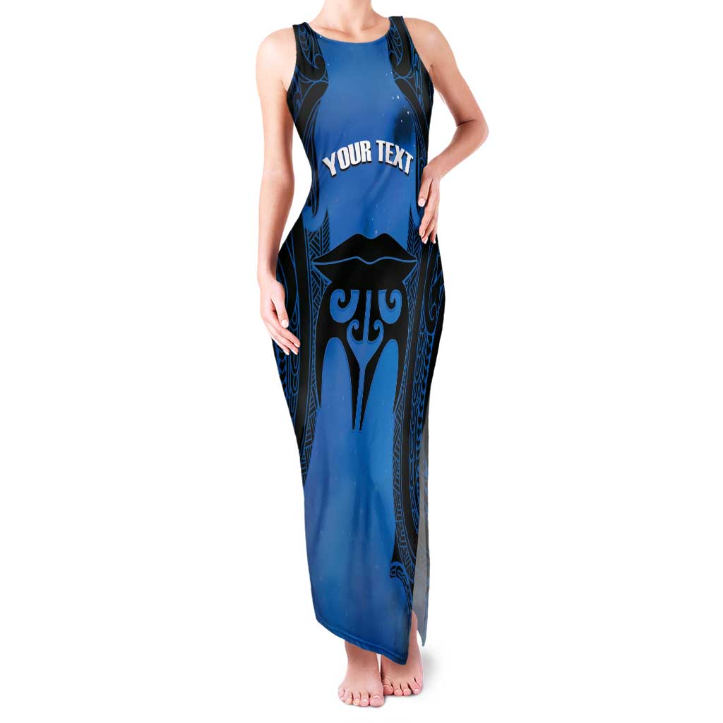 Personalised Moko Kauae New Zealand Tank Maxi Dress Maori Chin Tattoo Blue - Polynesian Pride