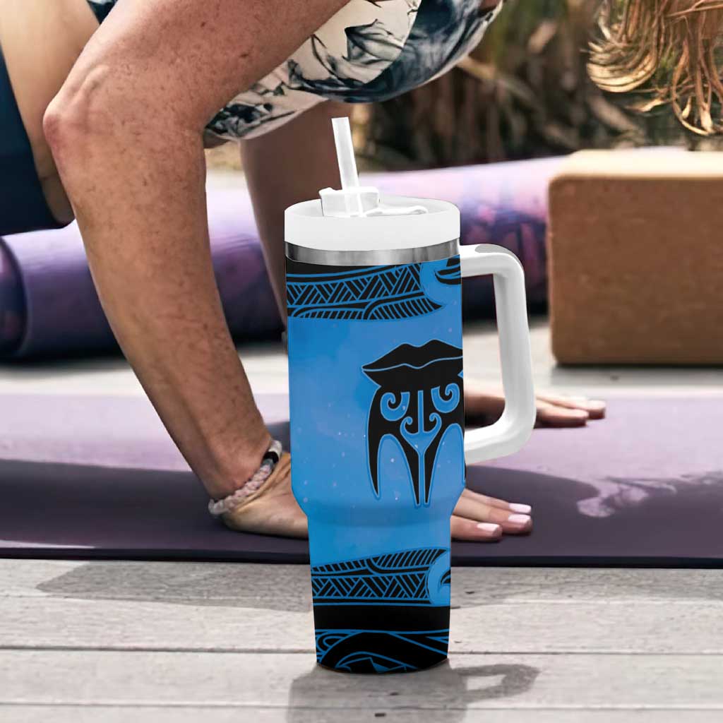 Personalised Moko Kauae New Zealand Tumbler With Handle Maori Chin Tattoo Blue LT14 - Polynesian Pride