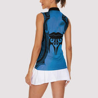 Personalised Moko Kauae New Zealand Women Sleeveless Polo Shirt Maori Chin Tattoo Blue LT14 - Polynesian Pride
