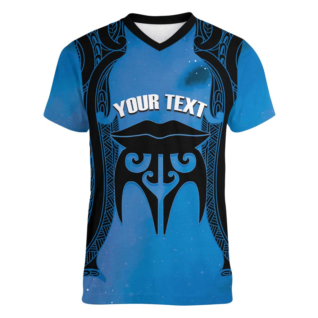 Personalised Moko Kauae New Zealand Women V-Neck T-Shirt Maori Chin Tattoo Blue LT14 Female Blue - Polynesian Pride