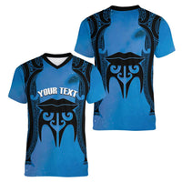 Personalised Moko Kauae New Zealand Women V-Neck T-Shirt Maori Chin Tattoo Blue LT14 - Polynesian Pride