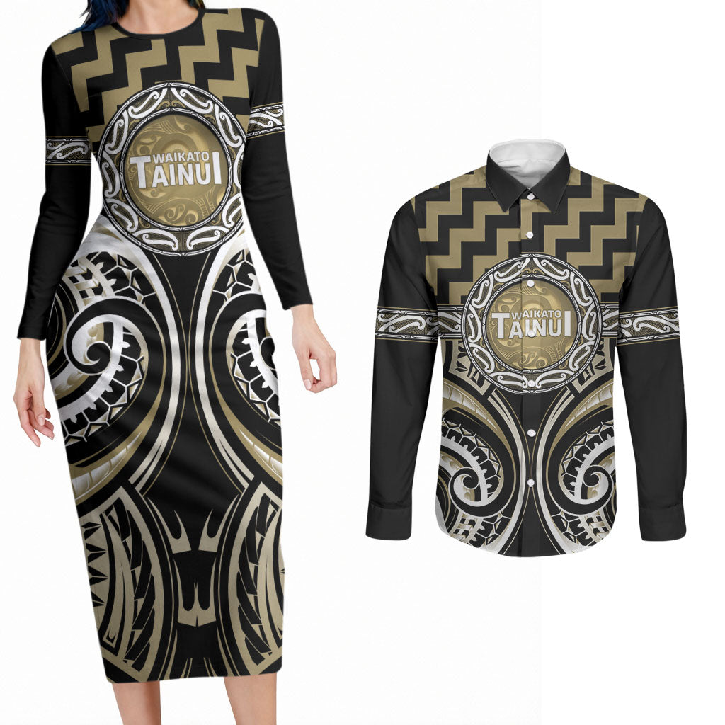 Aotearoa Waikato Tainui Personalised Couples Matching Long Sleeve Bodycon Dress and Long Sleeve Button Shirt Maori Iwi Poutama Puhoro Tattoo LT14 Old Yellow - Polynesian Pride