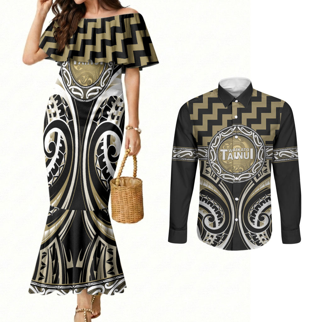 Aotearoa Waikato Tainui Personalised Couples Matching Mermaid Dress and Long Sleeve Button Shirt Maori Iwi Poutama Puhoro Tattoo LT14 Old Yellow - Polynesian Pride