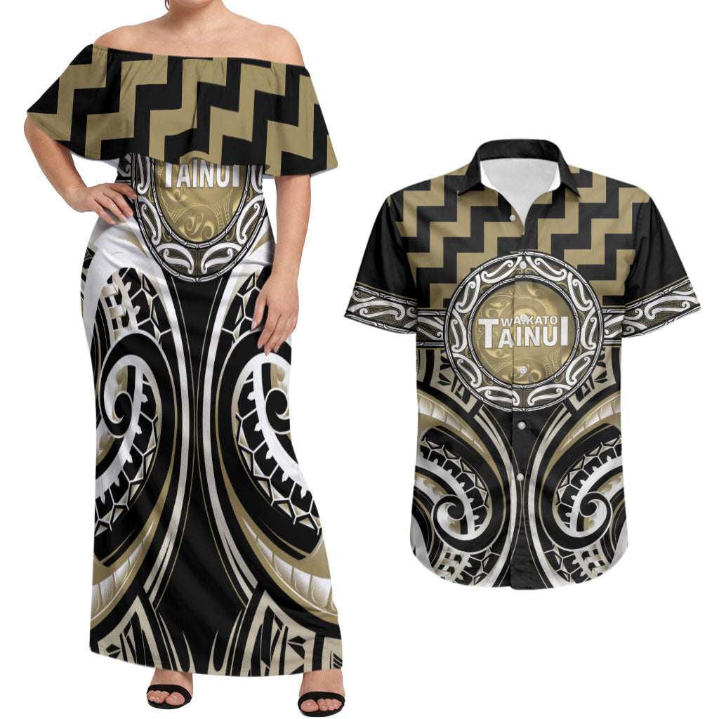 Aotearoa Waikato Tainui Personalised Couples Matching Off Shoulder Maxi Dress and Hawaiian Shirt Maori Iwi Poutama Puhoro Tattoo LT14 Old Yellow - Polynesian Pride