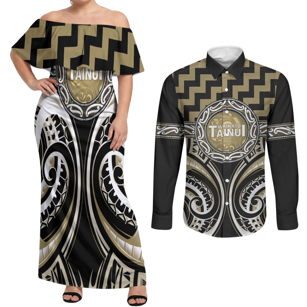 Aotearoa Waikato Tainui Personalised Couples Matching Off Shoulder Maxi Dress and Long Sleeve Button Shirt Maori Iwi Poutama Puhoro Tattoo LT14 Old Yellow - Polynesian Pride